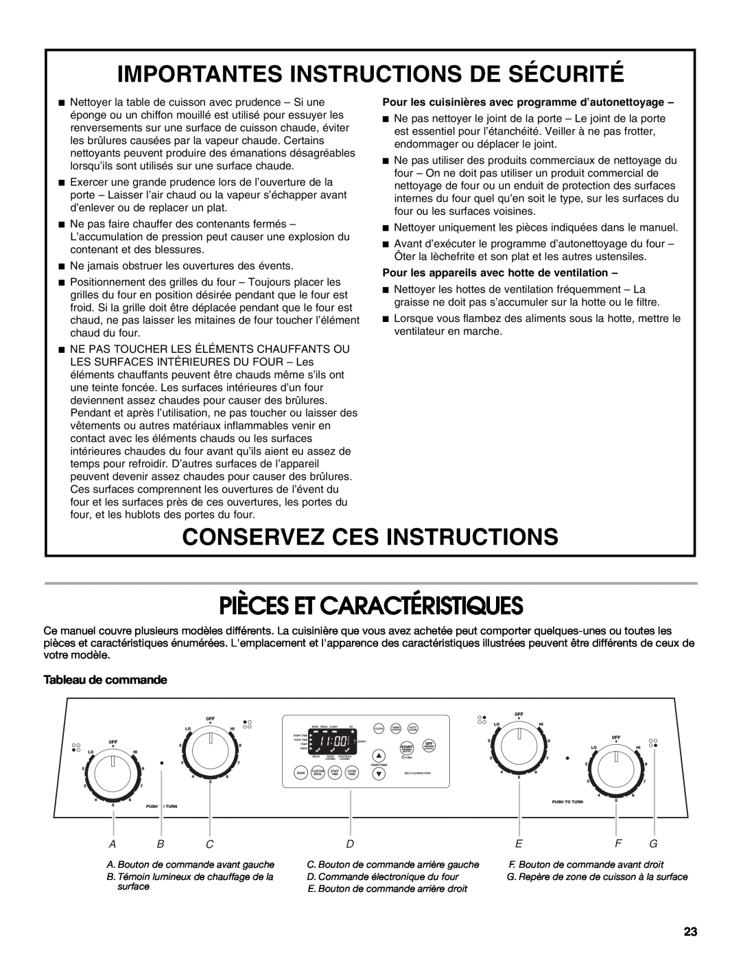 Whirlpool W10017750B2 manual Pièces Et Caractéristiques, Tableau de commande, A B C, Importantes Instructions De Sécurité 