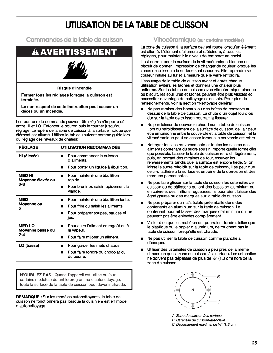 Whirlpool W10017750B2 manual Utilisation De La Table De Cuisson, Commandes de la table de cuisson, Avertissement, B A C 