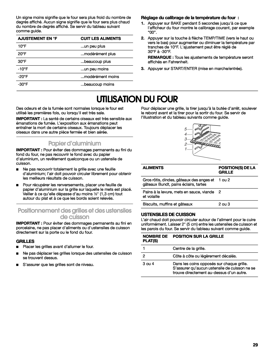Whirlpool W10017750B2 Utilisation Du Four, Papier d’aluminium, de cuisson, Réglage du calibrage de la température du four 