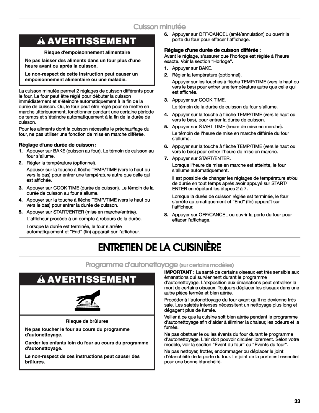 Whirlpool W10017750B2 manual Entretien De La Cuisinière, Cuisson minutée, Programme dautonettoyage sur certains modèles 
