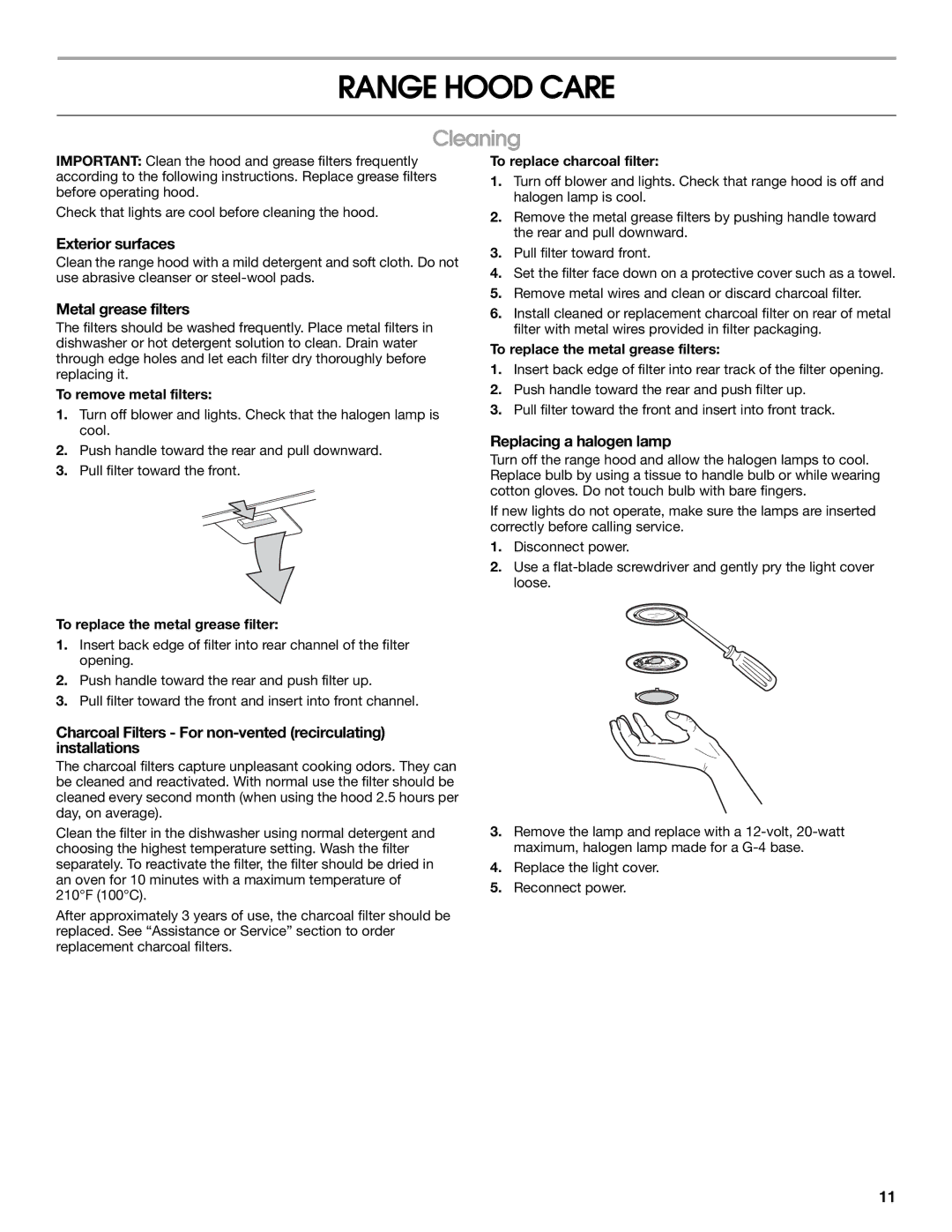 Whirlpool W10018010 installation instructions Range Hood Care, Cleaning 