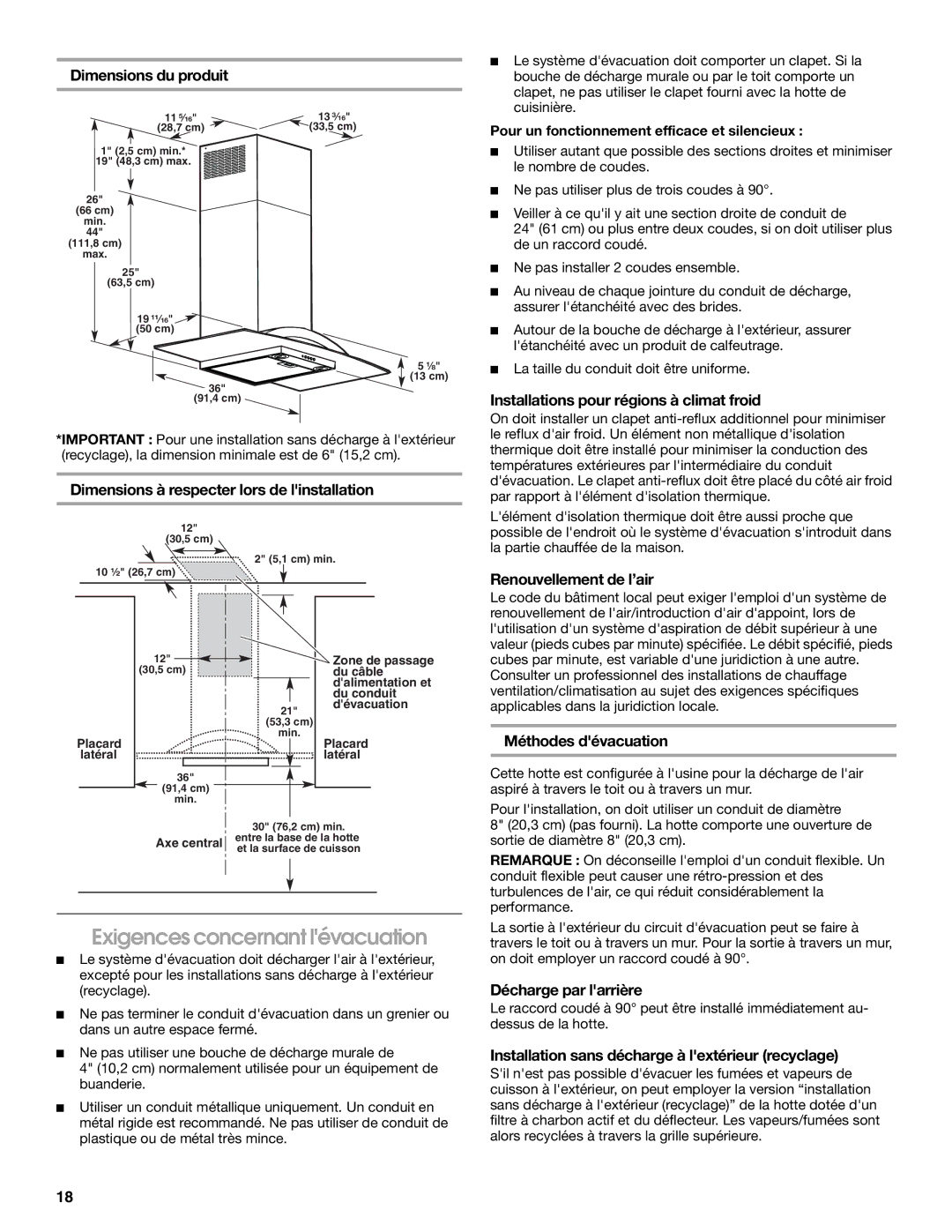 Whirlpool W10018010 installation instructions Exigences concernant lévacuation 