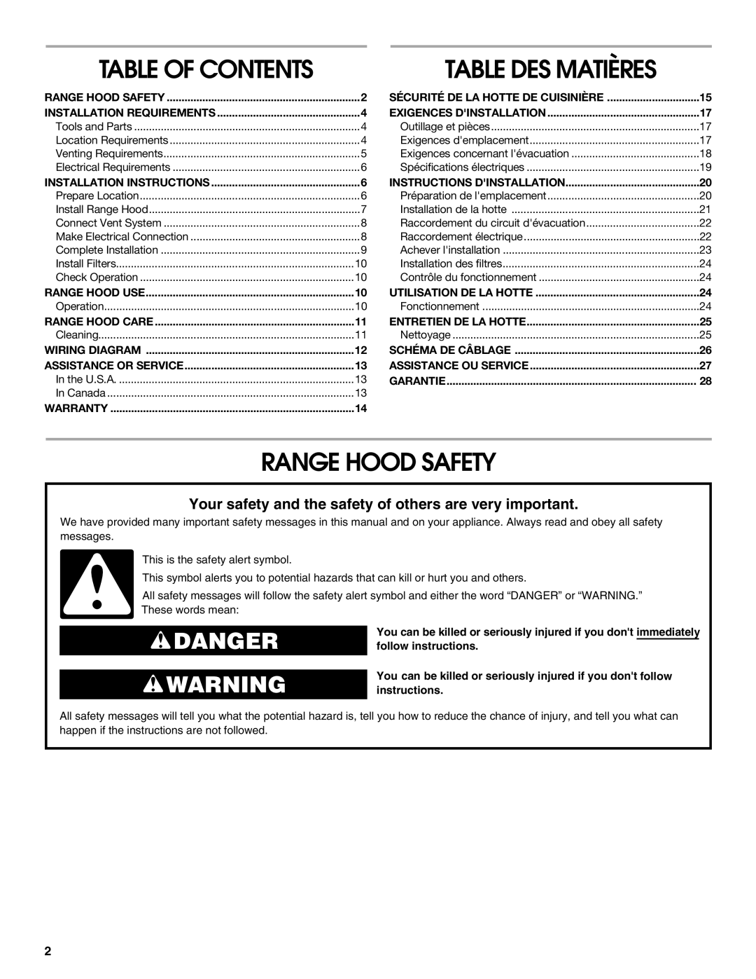 Whirlpool W10018010 installation instructions Range Hood Safety, Table of Contents 