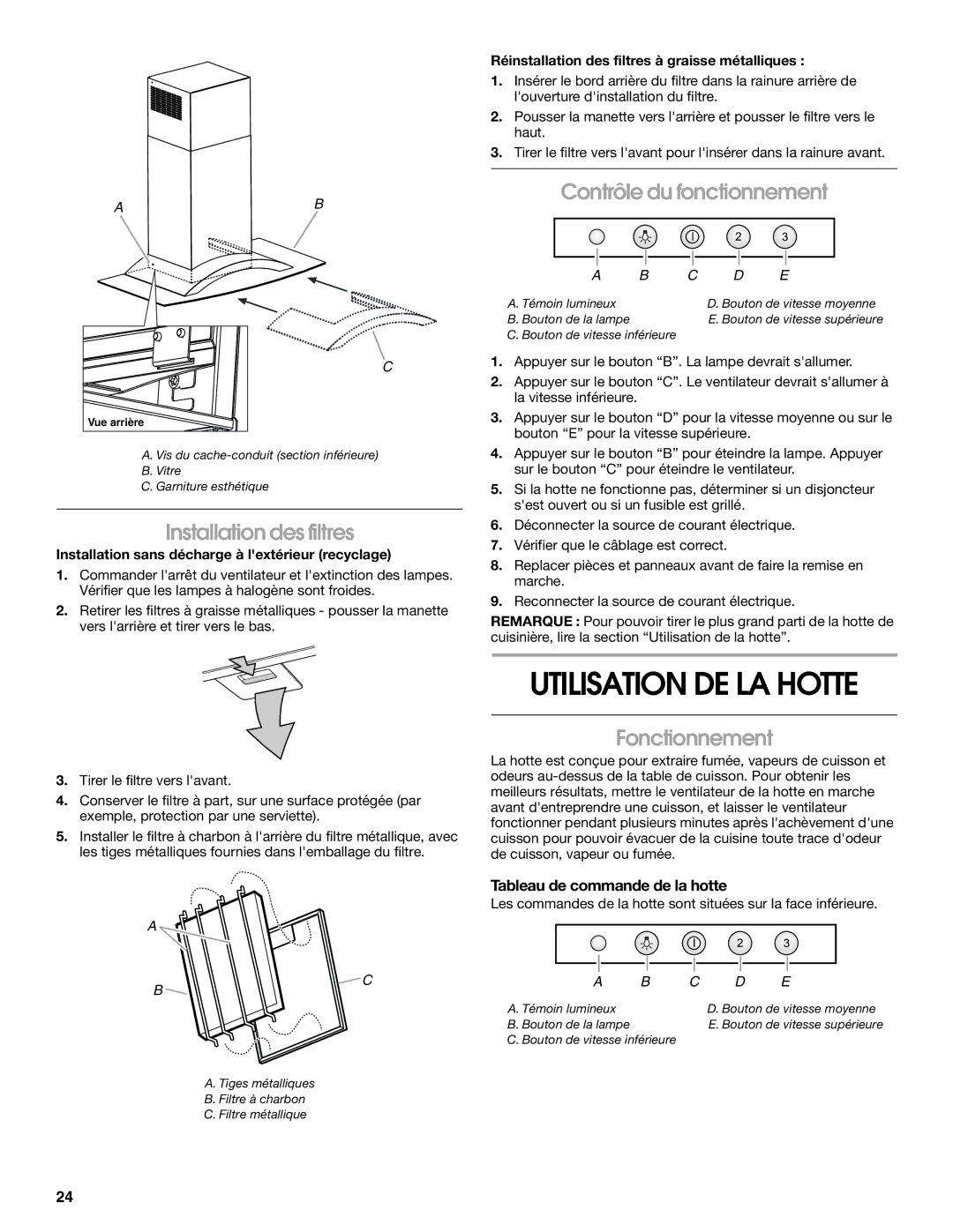 Whirlpool W10018010 Utilisation DE LA Hotte, Installation des filtres, Contrôle du fonctionnement, Fonctionnement 