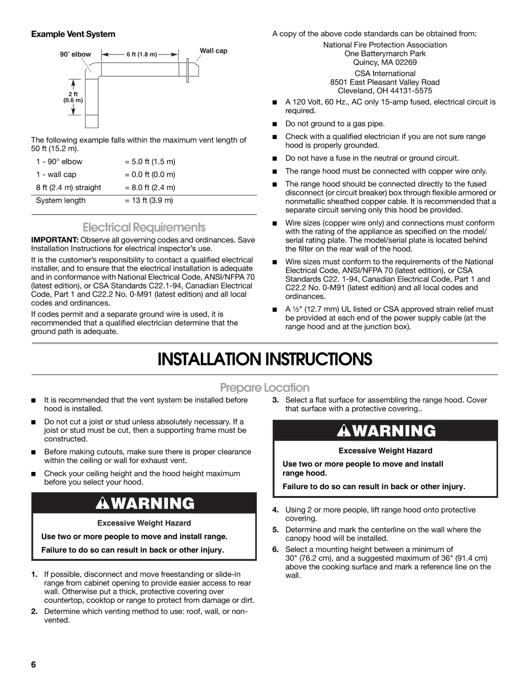 Whirlpool W10018010 Installation Instructions, Electrical Requirements, Prepare Location, Example Vent System 