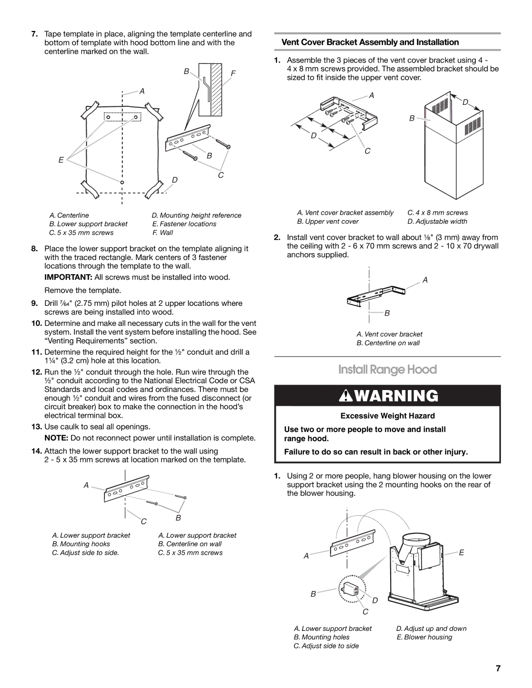 Whirlpool W10018010 installation instructions Install Range Hood, Vent Cover Bracket Assembly and Installation 