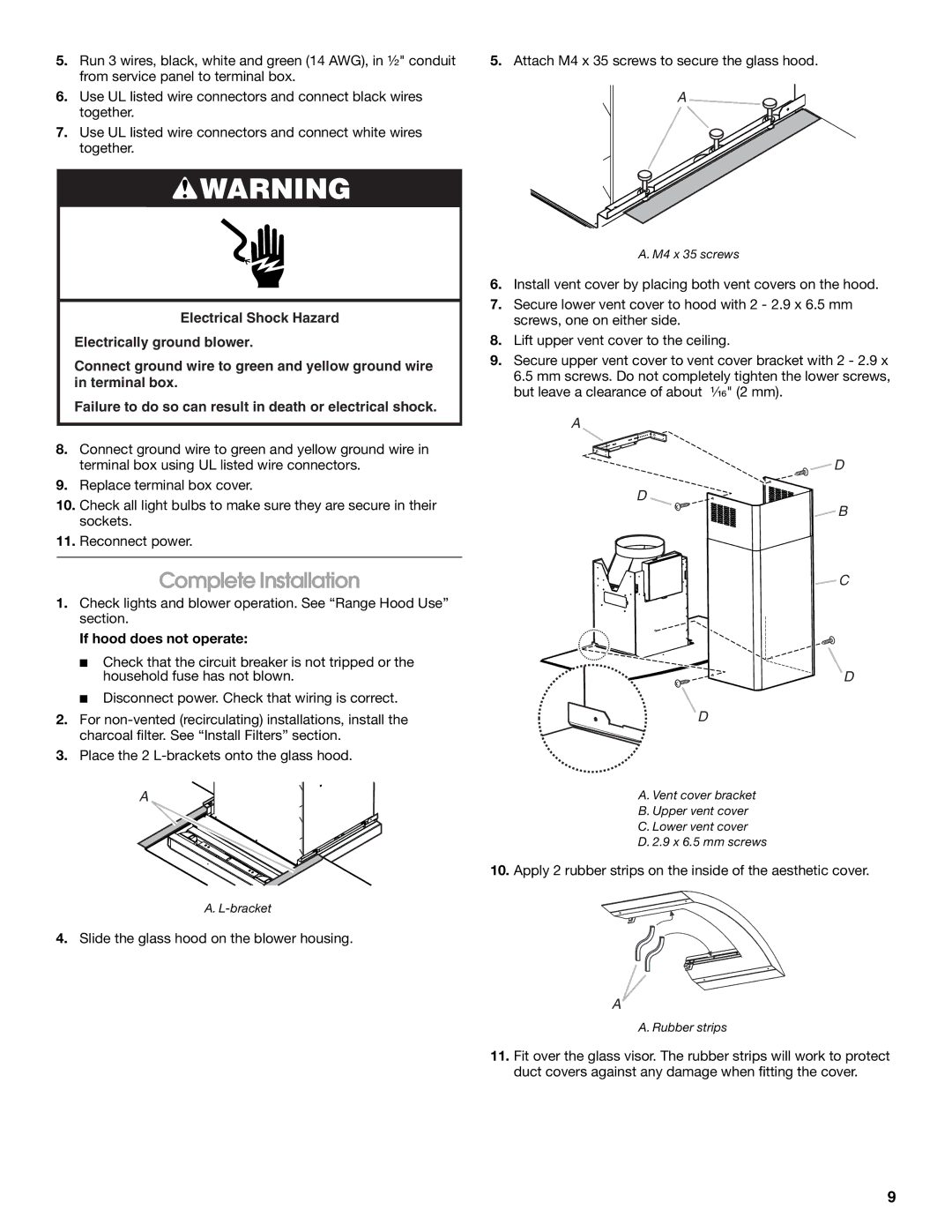 Whirlpool W10018010 installation instructions Complete Installation, If hood does not operate 