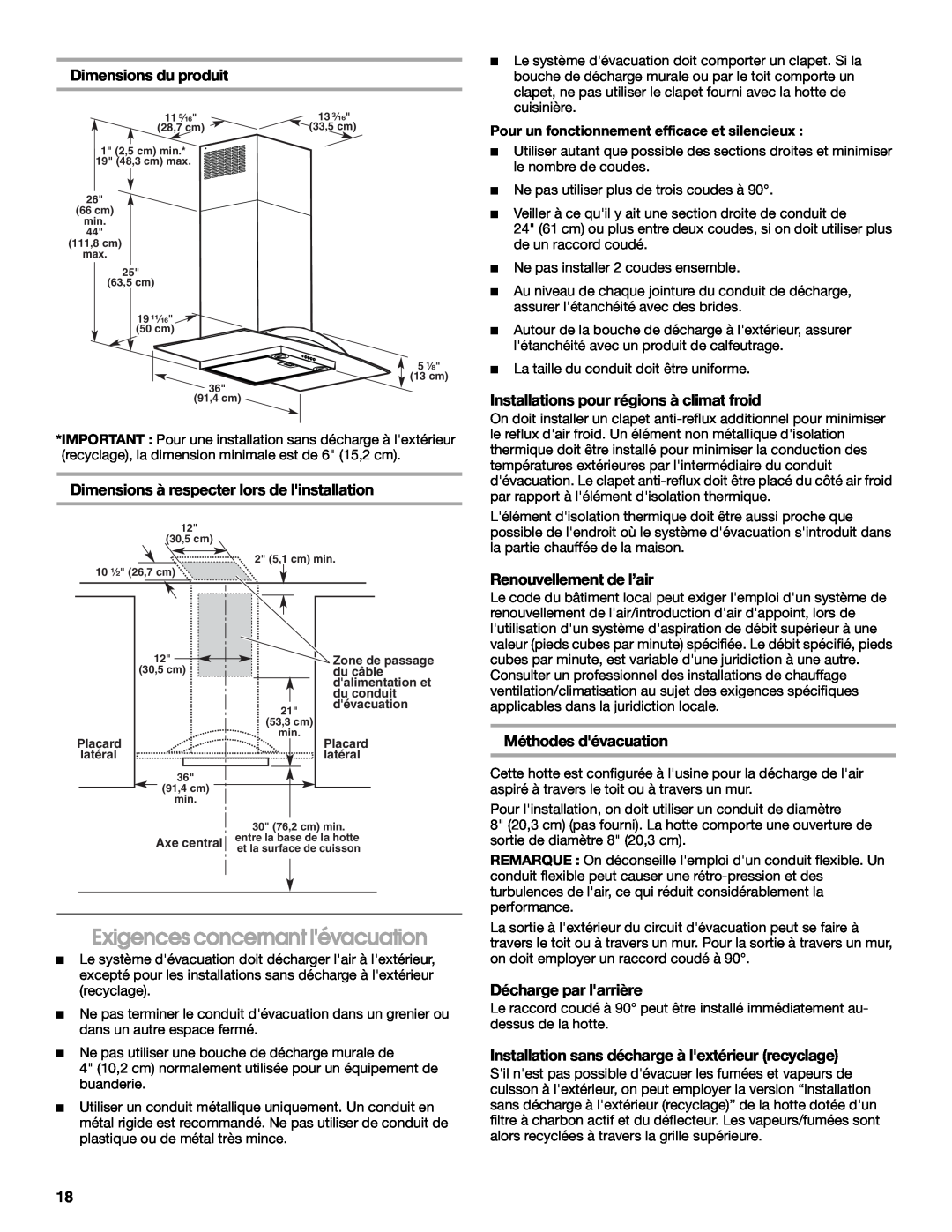 Whirlpool W10018010 Exigences concernant lévacuation, Dimensions du produit, Dimensions à respecter lors de linstallation 