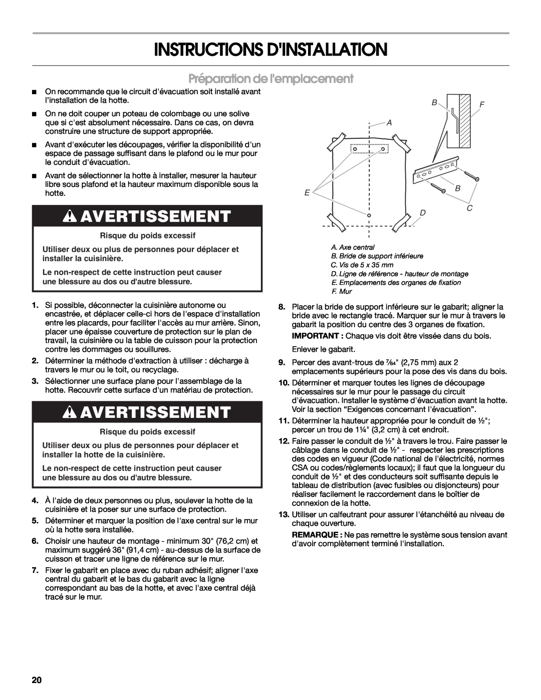 Whirlpool W10018010 installation instructions Instructions Dinstallation, Avertissement, Préparation de lemplacement, hotte 
