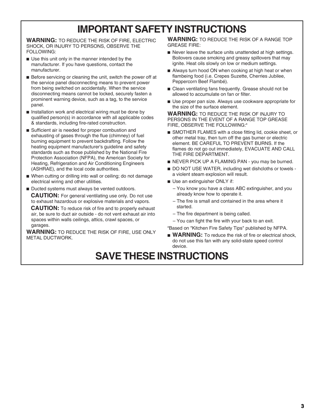 Whirlpool W10018010 installation instructions Important Safety Instructions, Save These Instructions 