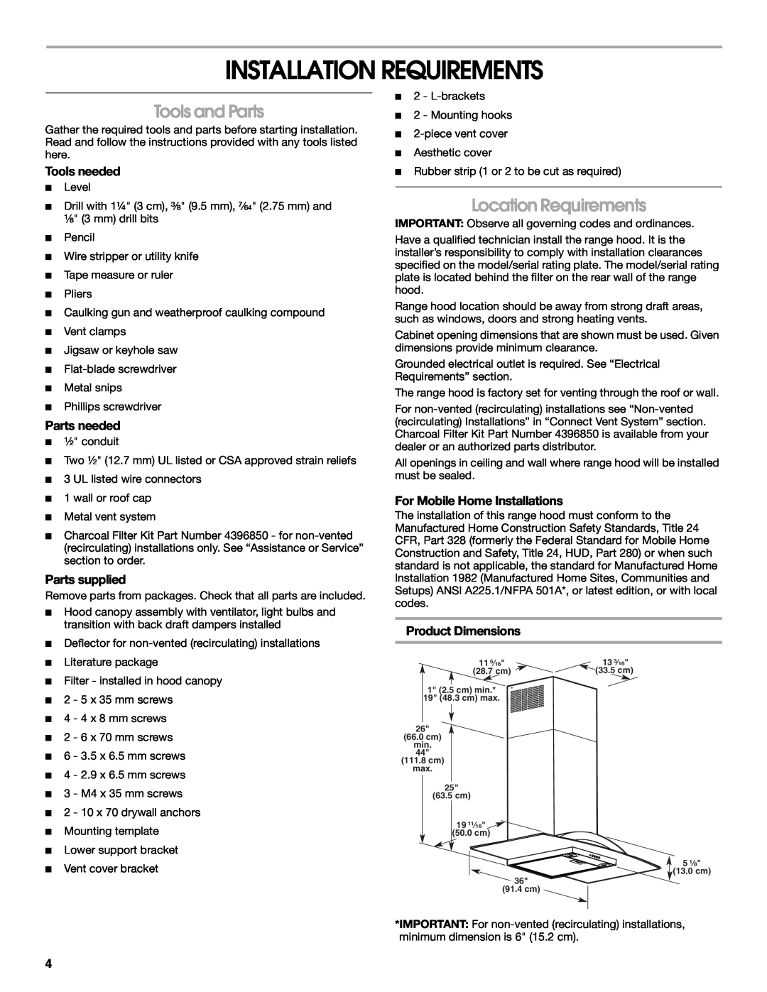 Whirlpool W10018010 Installation Requirements, Tools and Parts, Location Requirements, Tools needed, Parts needed 