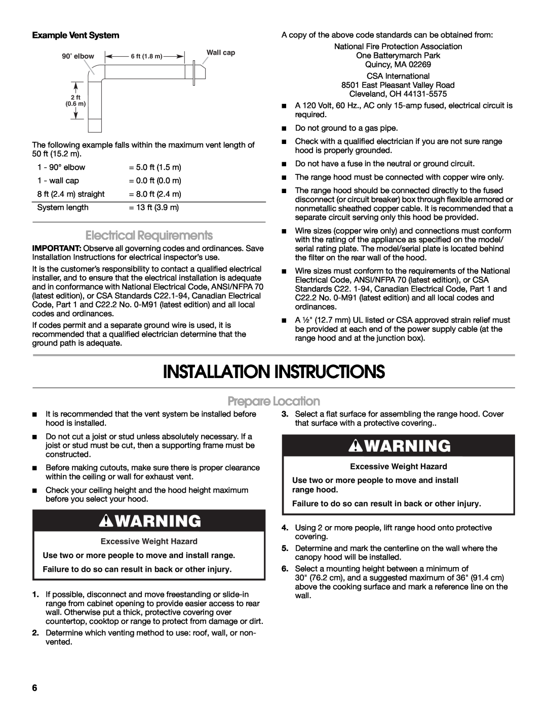 Whirlpool W10018010 Installation Instructions, Electrical Requirements, Prepare Location, Example Vent System 