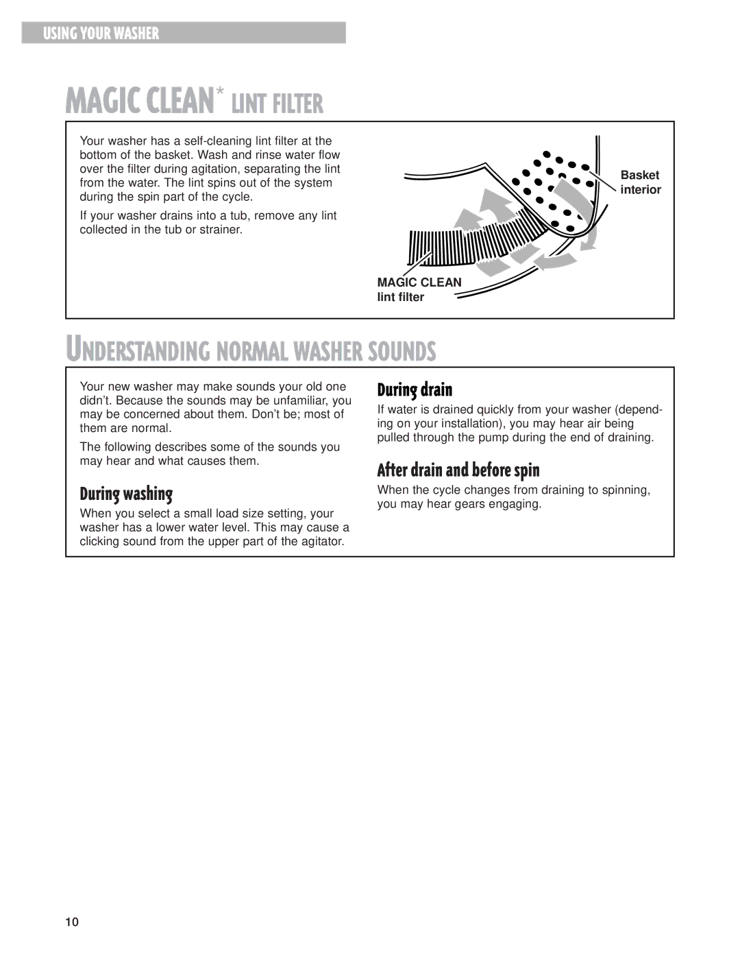Whirlpool W10026592A During washing, During drain, After drain and before spin, Magic Clean lint filter Basket interior 
