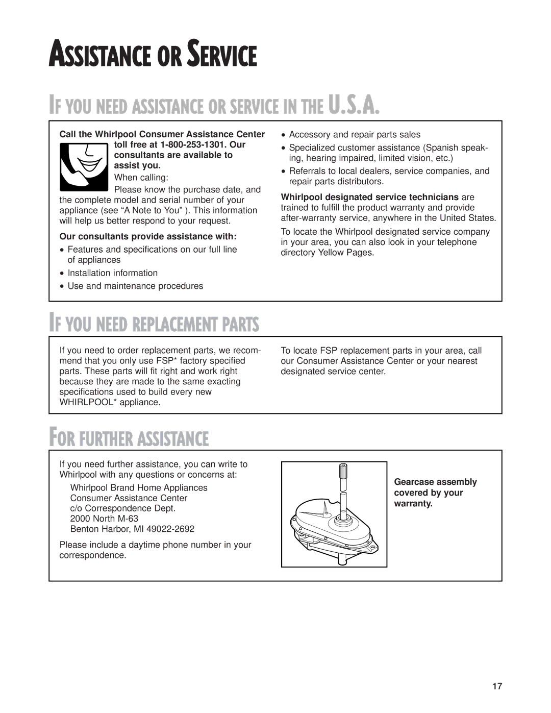 Whirlpool W10026592A warranty Assistance or Service, If YOU Need Replacement Parts, For Further Assistance 