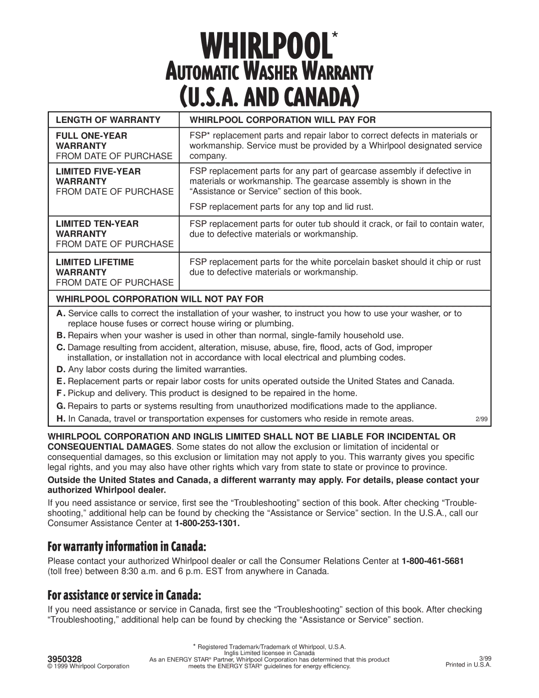 Whirlpool W10026592A For warranty information in Canada, For assistance or service in Canada 