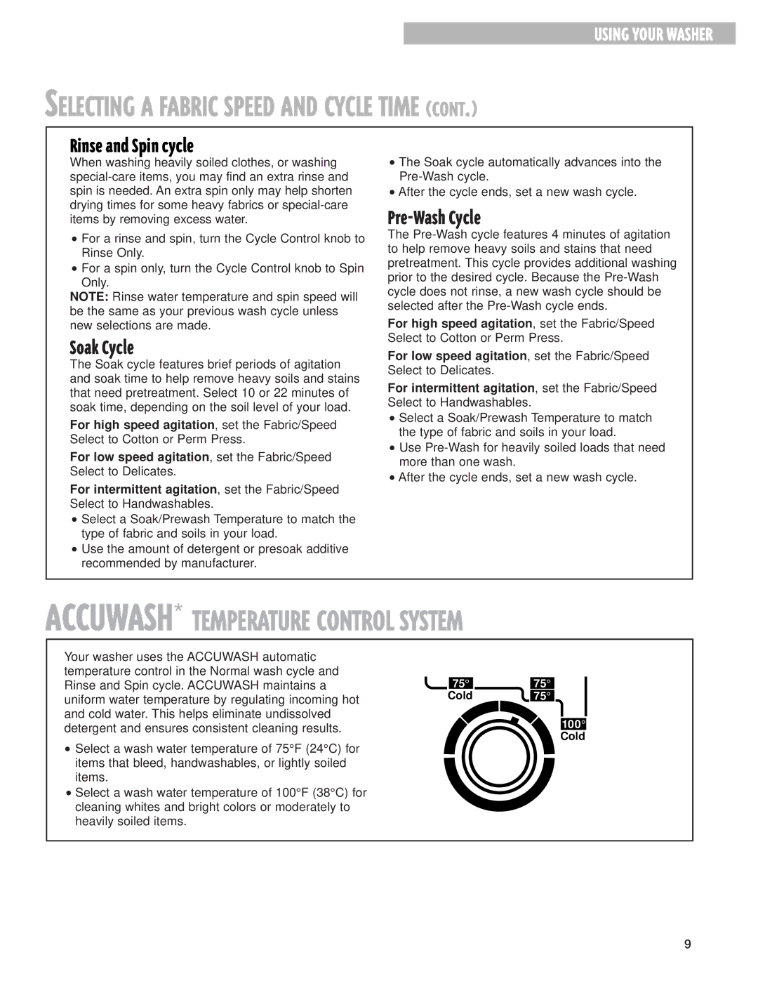 Whirlpool W10026592A warranty Rinse and Spin cycle, Pre-Wash Cycle, Soak Cycle 