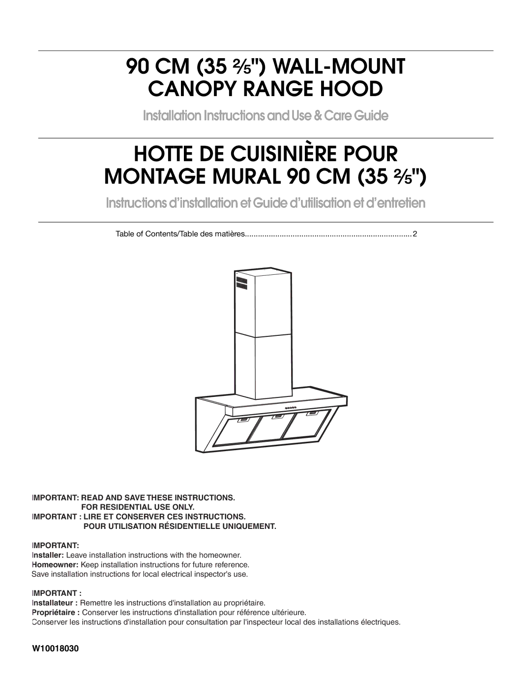 Whirlpool W10029770A installation instructions Hotte DE Cuisinière Pour 