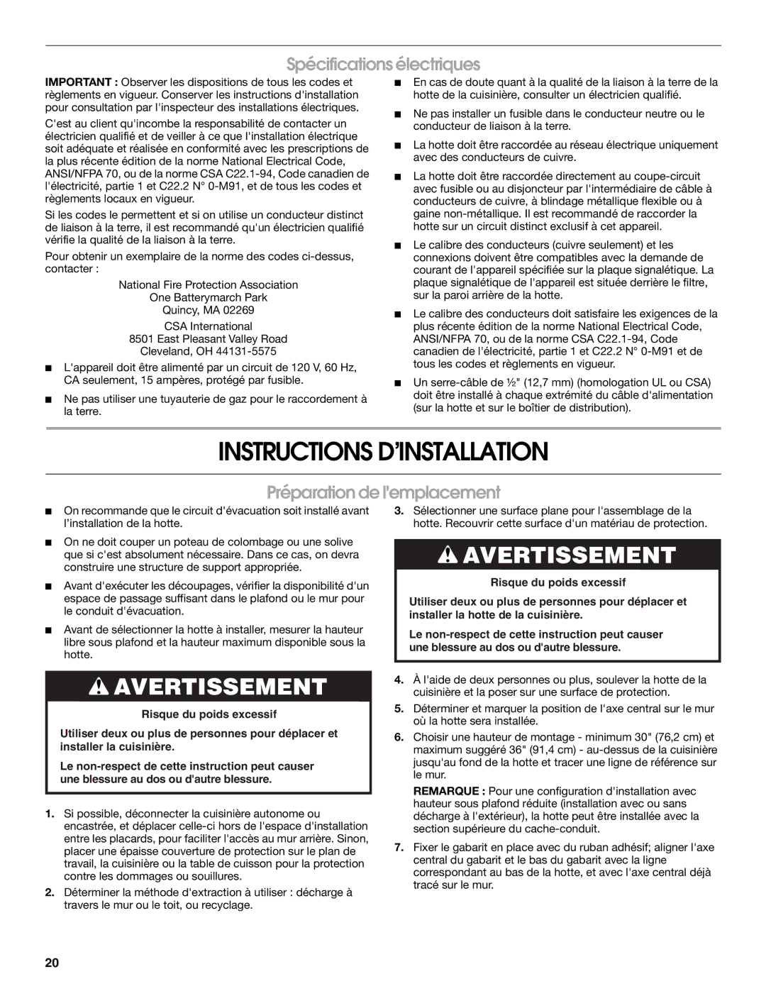 Whirlpool W10029770A Instructions D’INSTALLATION, Spécifications électriques, Préparation de lemplacement 