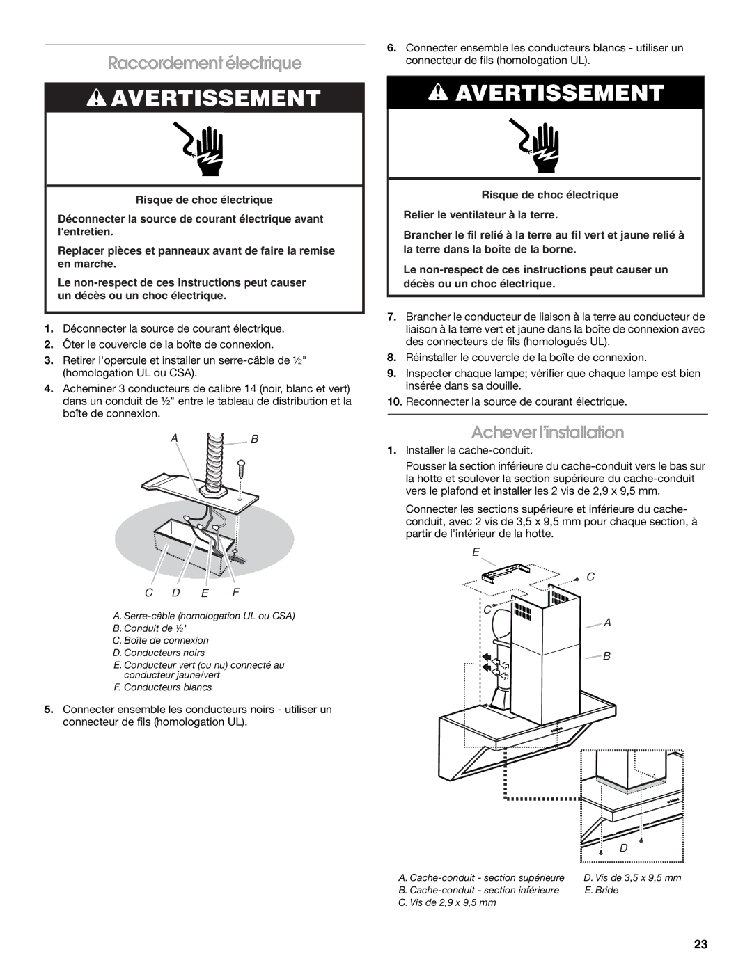 Whirlpool W10029770A installation instructions Raccordement électrique, Achever l’installation 