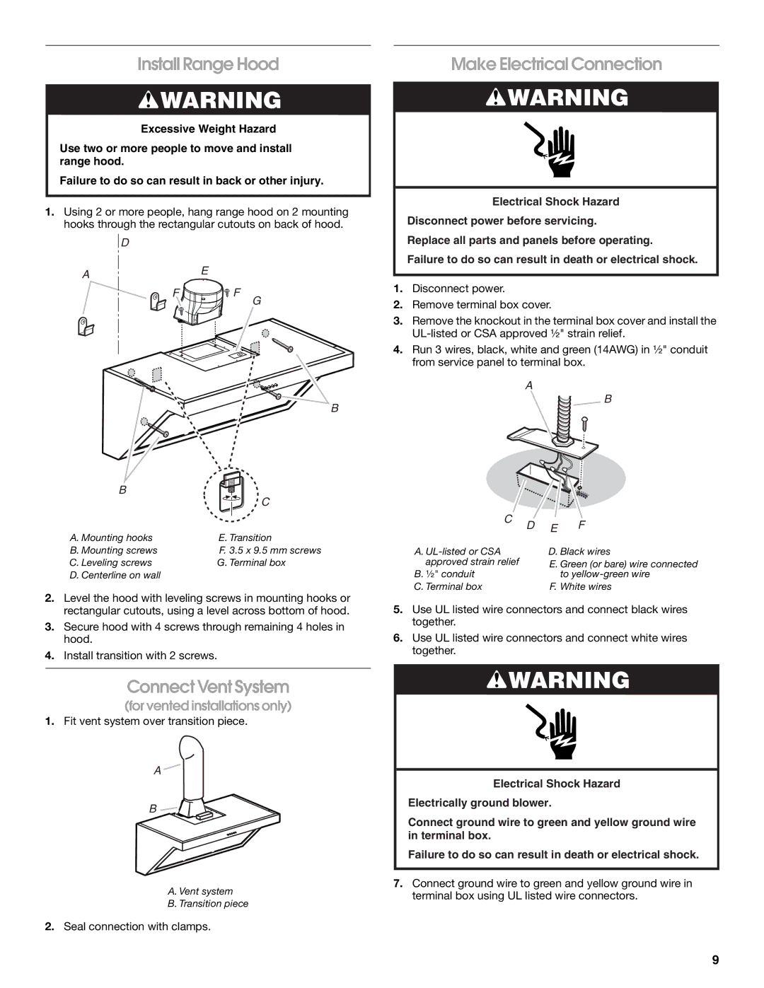 Whirlpool W10029770A installation instructions Install Range Hood, Make Electrical Connection, Connect Vent System 