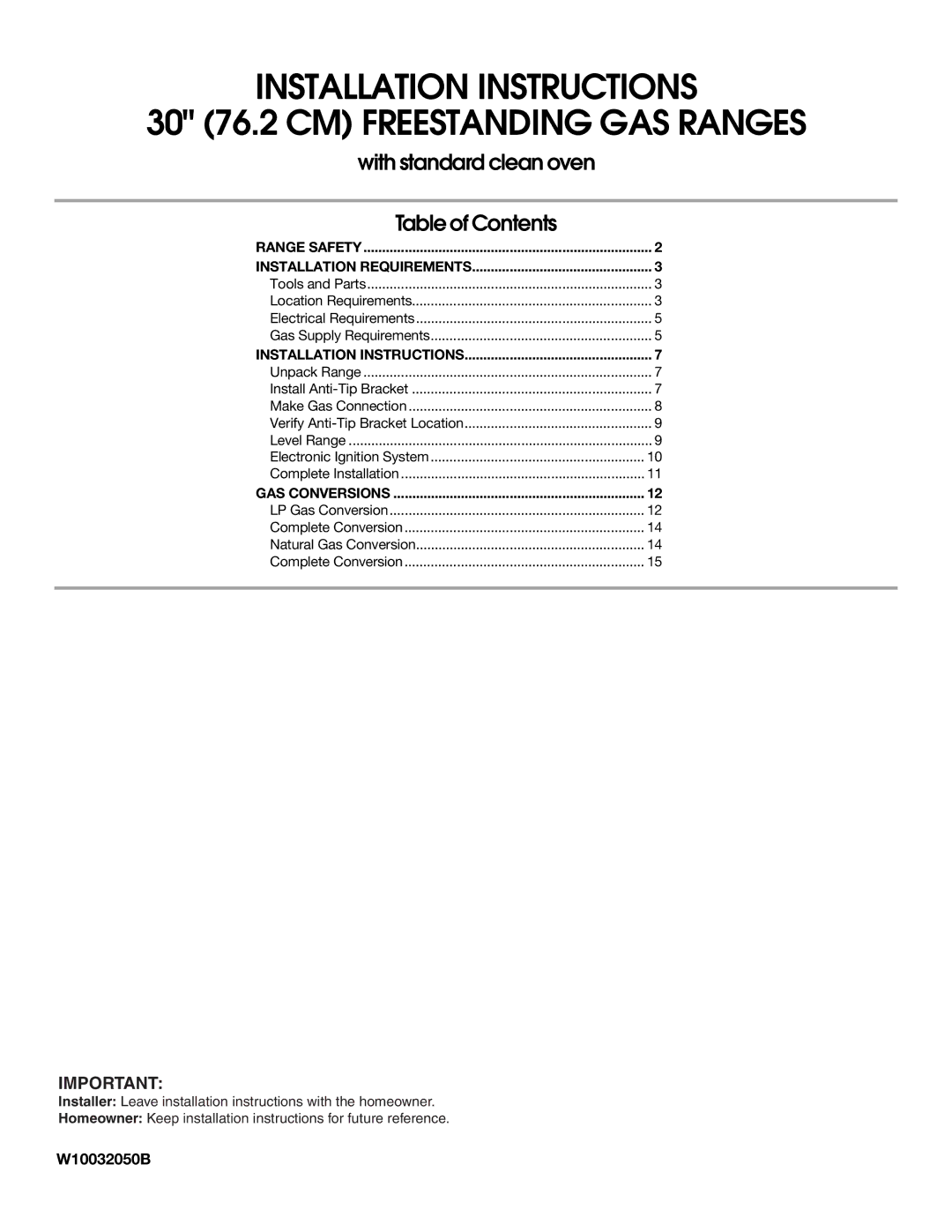 Whirlpool W10032050B installation instructions Installation Instructions 30 76.2 CM Freestanding GAS Ranges 