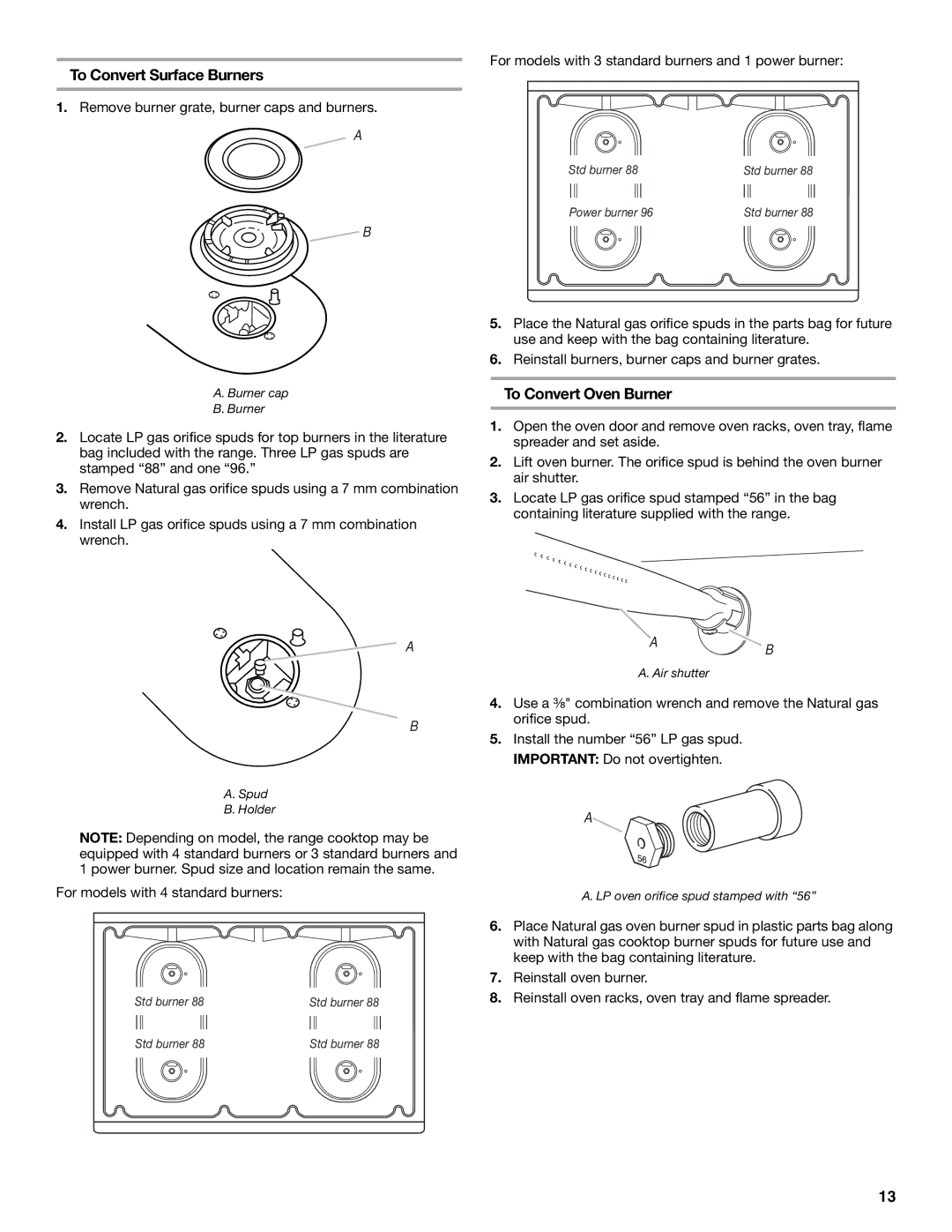 Whirlpool W10032050B installation instructions To Convert Surface Burners, To Convert Oven Burner 