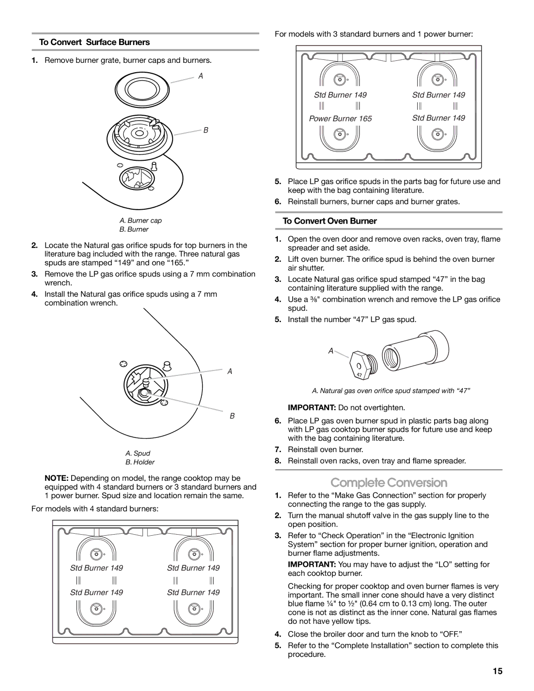 Whirlpool W10032050B installation instructions Std Burner 