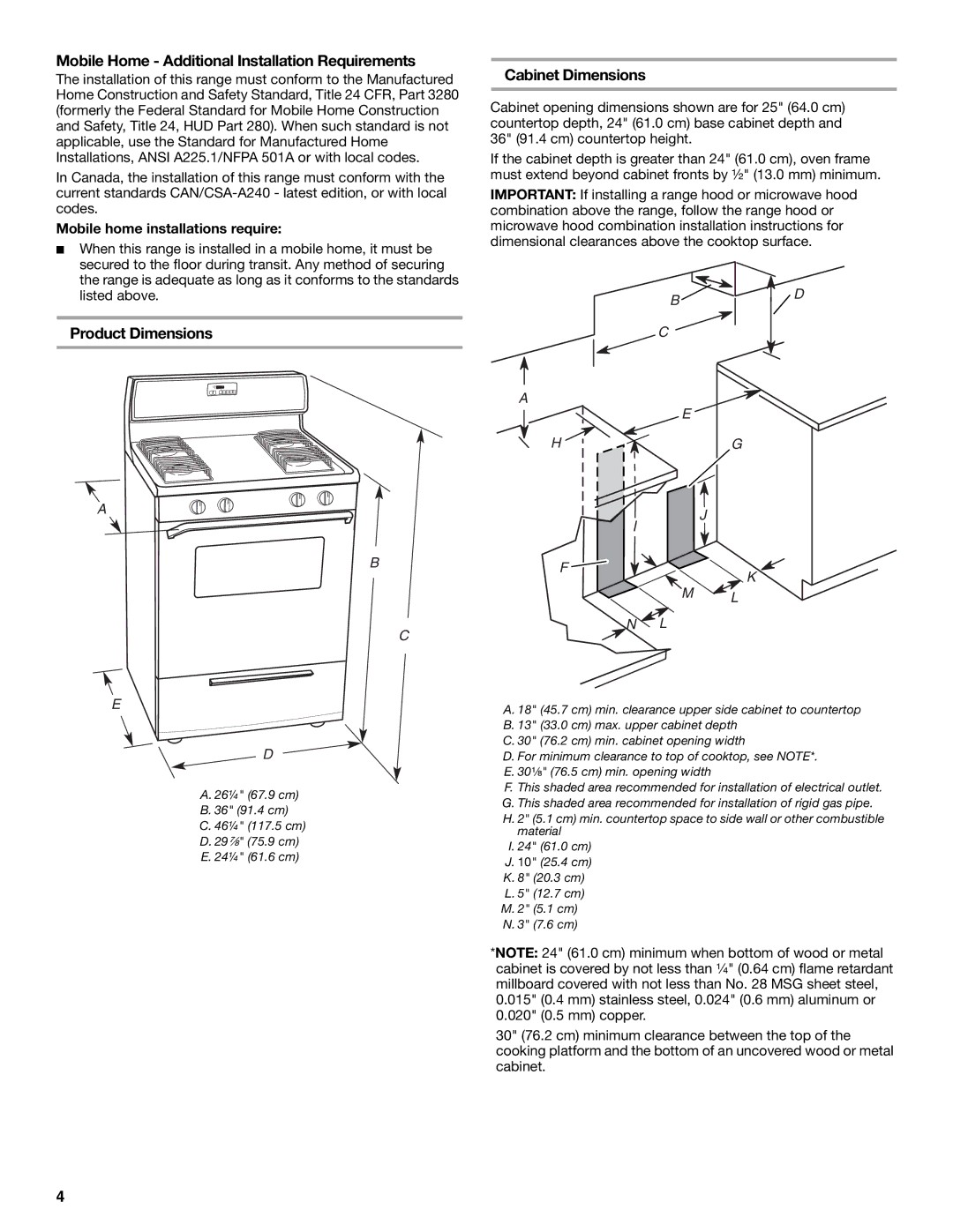 Whirlpool W10032050B Mobile Home Additional Installation Requirements, Product Dimensions Cabinet Dimensions 