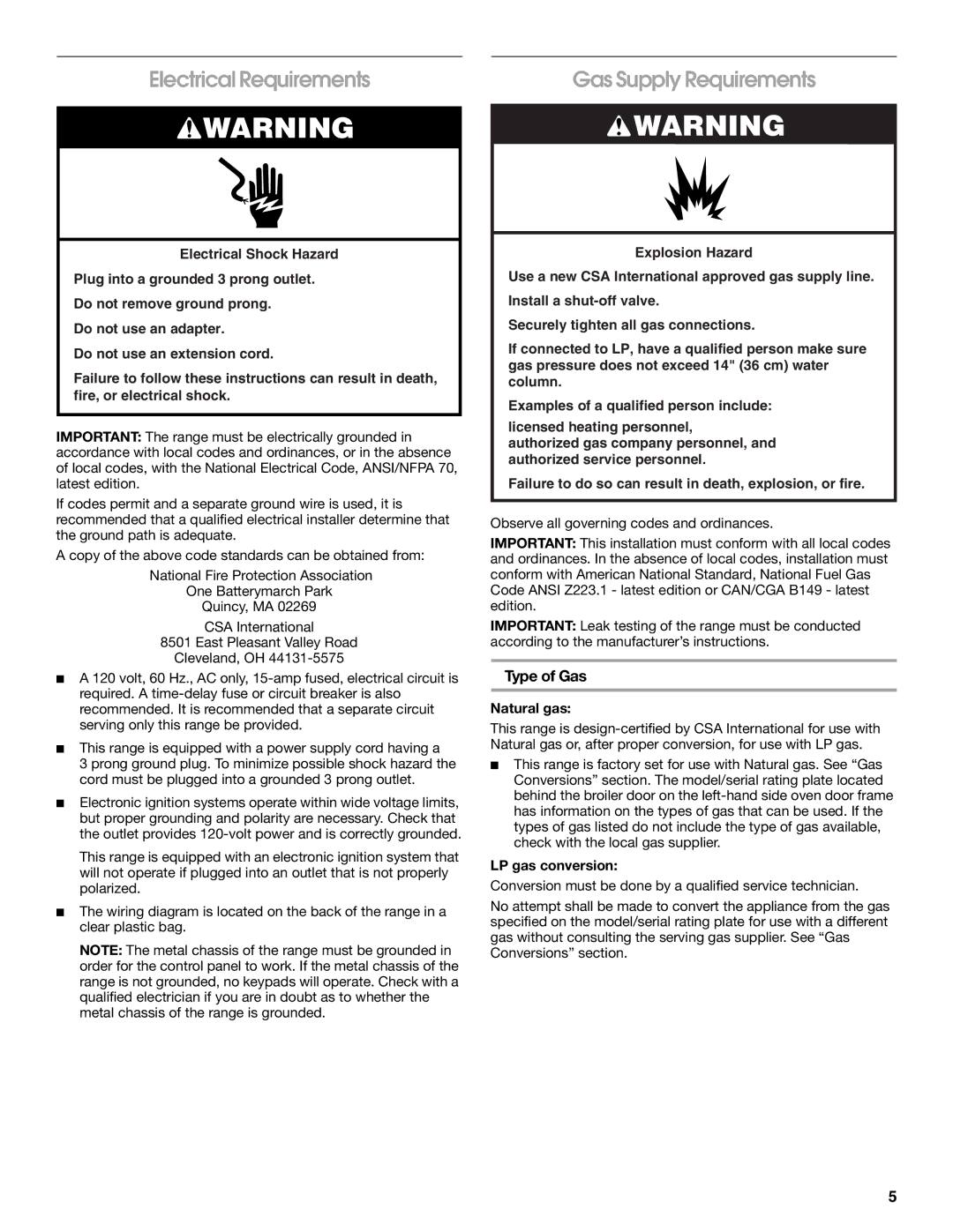 Whirlpool W10032050B Electrical Requirements, Gas Supply Requirements, Type of Gas, Natural gas, LP gas conversion 