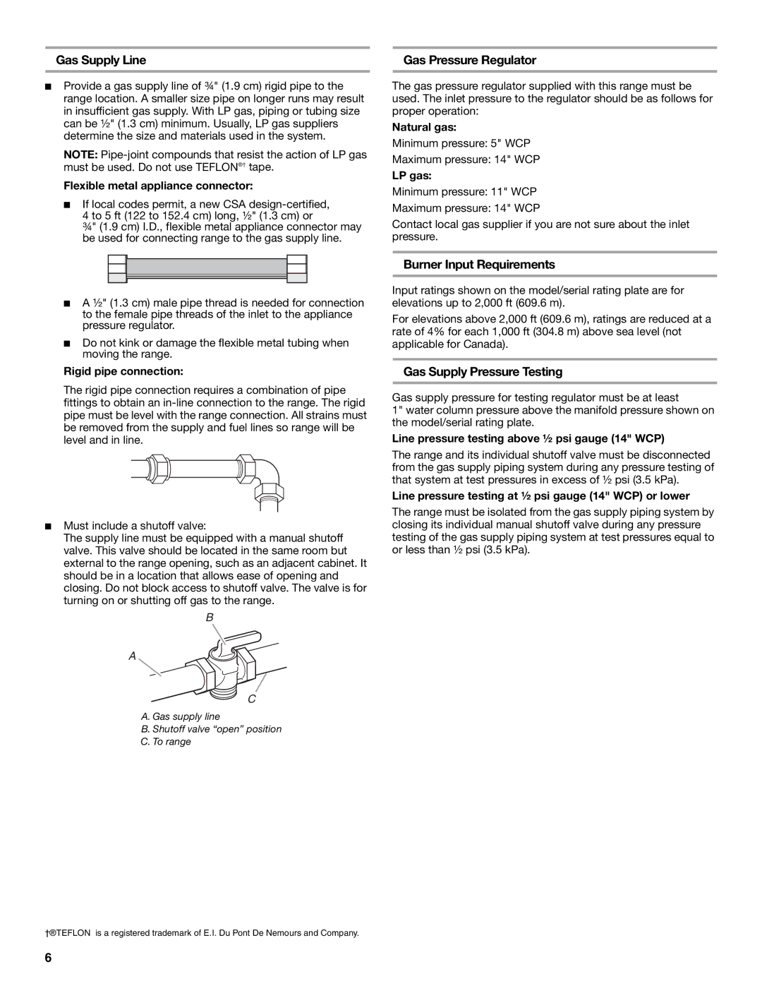 Whirlpool W10032050B Gas Supply Line, Gas Pressure Regulator, Burner Input Requirements, Gas Supply Pressure Testing 