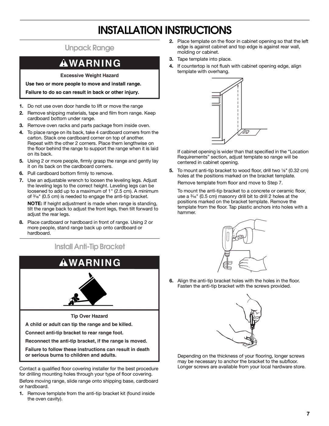 Whirlpool W10032050B installation instructions Installation Instructions, Unpack Range, Install Anti-Tip Bracket 