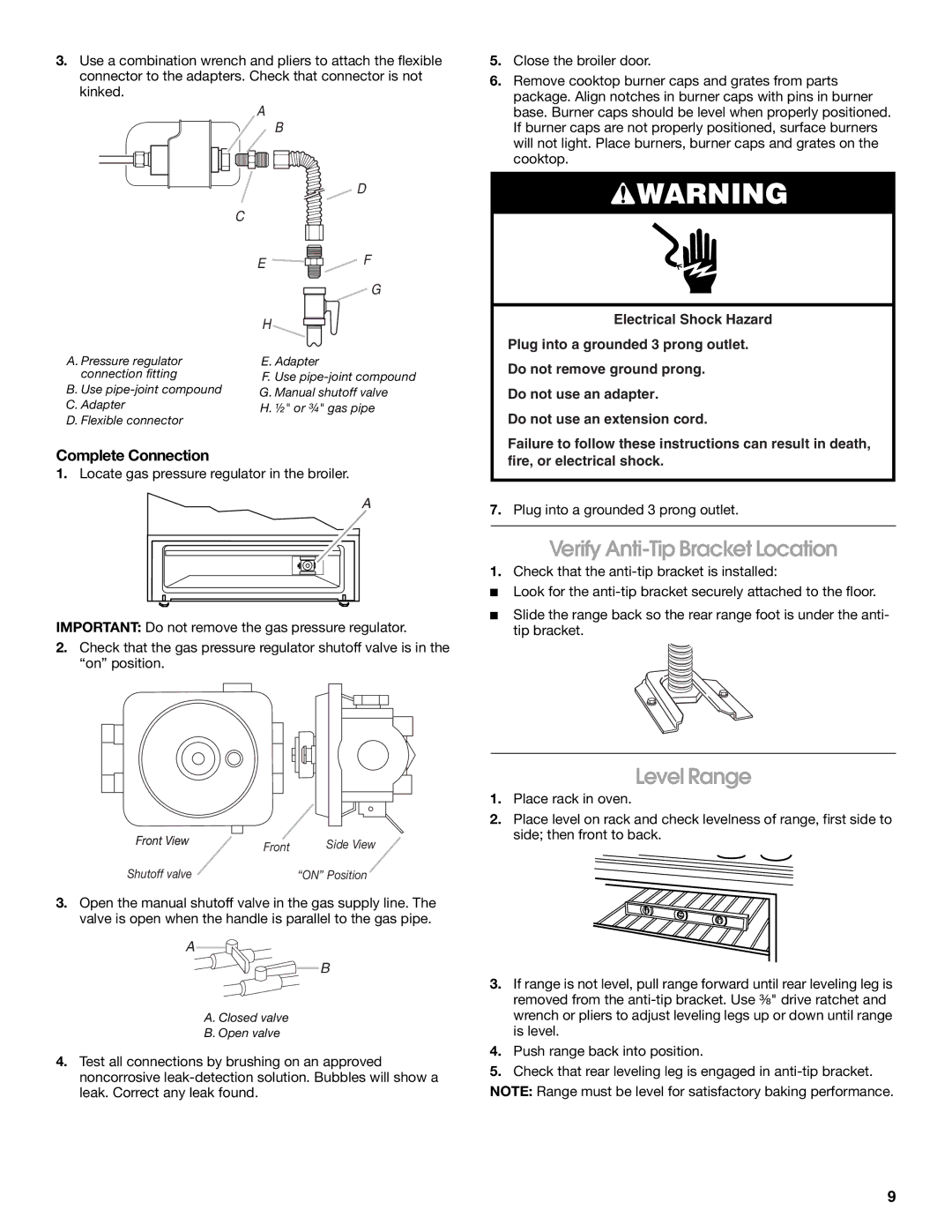 Whirlpool W10032050B installation instructions Verify Anti-Tip Bracket Location, Level Range, Complete Connection 