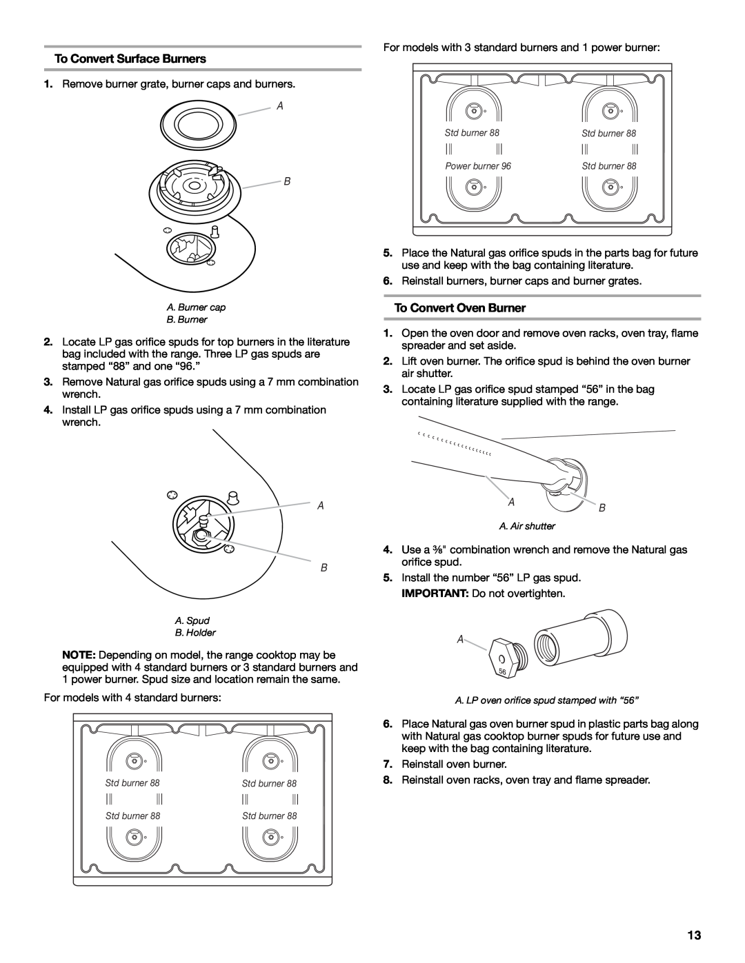 Whirlpool W10032050B installation instructions To Convert Surface Burners, To Convert Oven Burner 