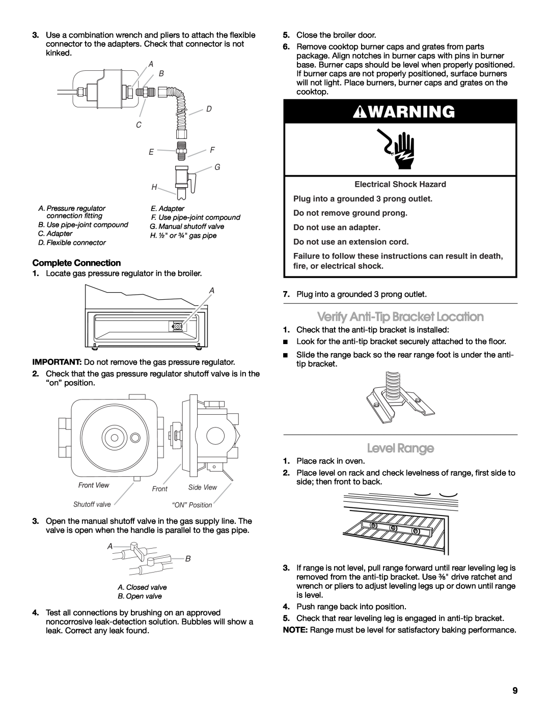 Whirlpool W10032050B Verify Anti-Tip Bracket Location, Level Range, Complete Connection, Do not use an extension cord 