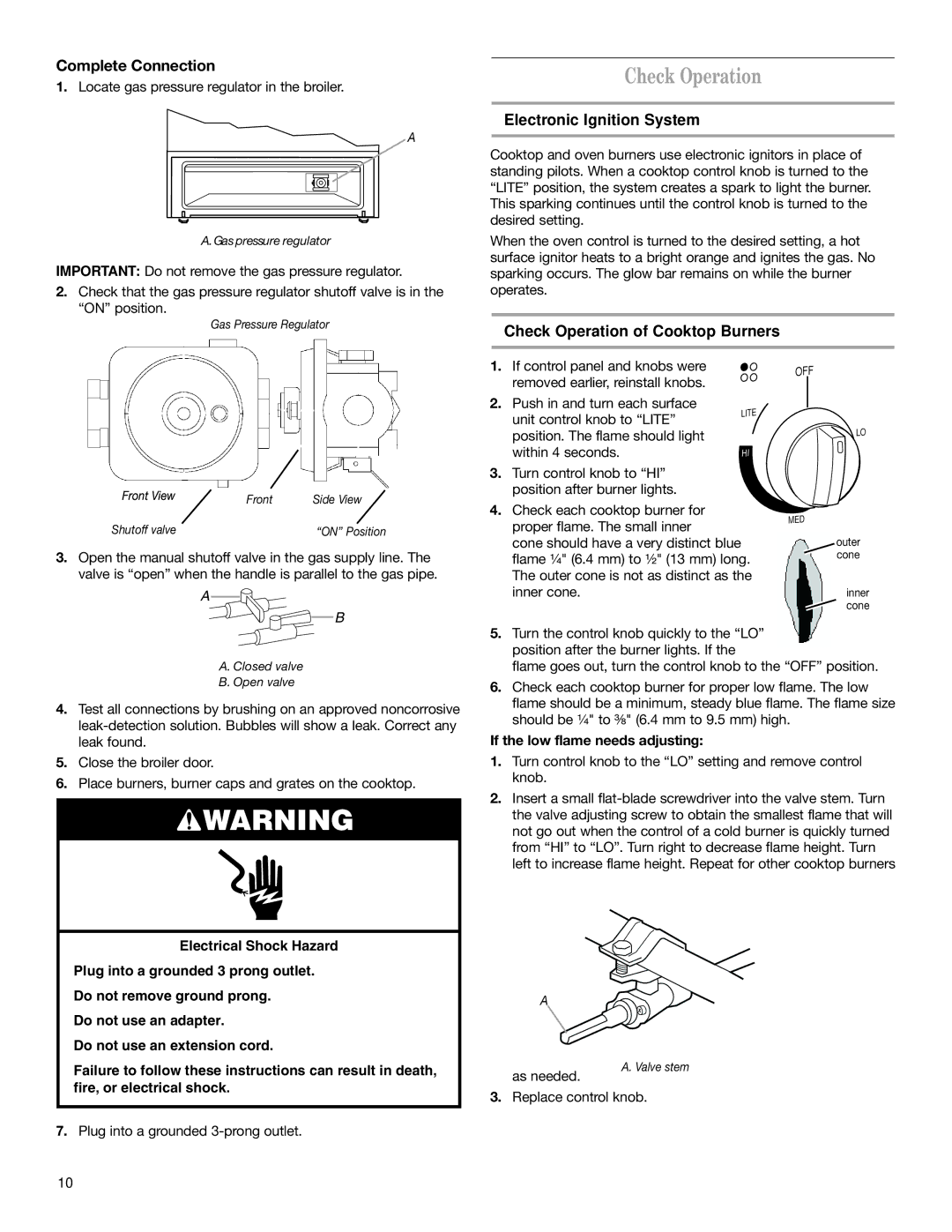 Whirlpool W10032070 Electronic Ignition System, Check Operation of Cooktop Burners, If the low flame needs adjusting 