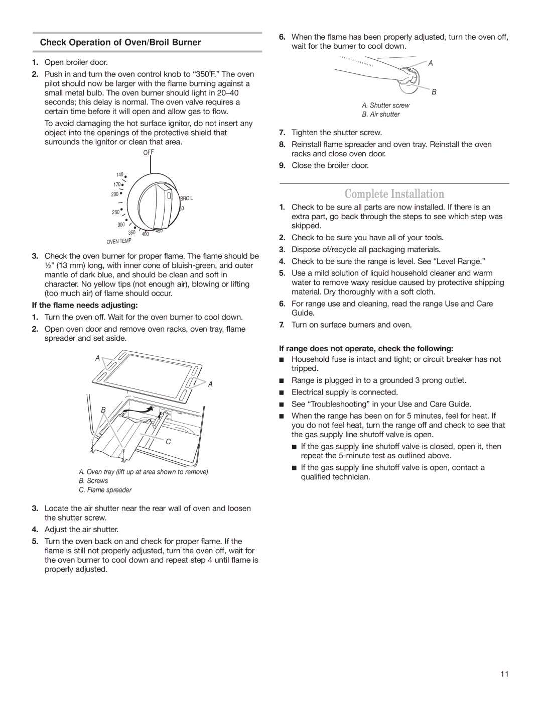 Whirlpool W10032070 Complete Installation, Check Operation of Oven/Broil Burner, If the flame needs adjusting 