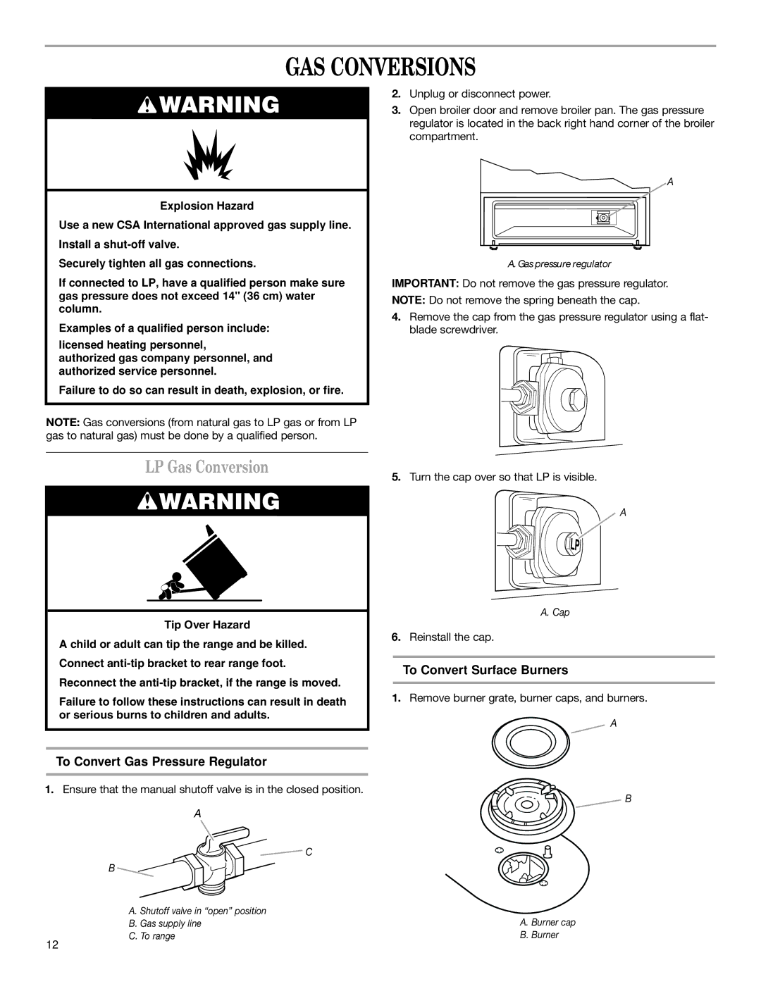 Whirlpool W10032070 GAS Conversions, LP Gas Conversion, To Convert Gas Pressure Regulator, To Convert Surface Burners 