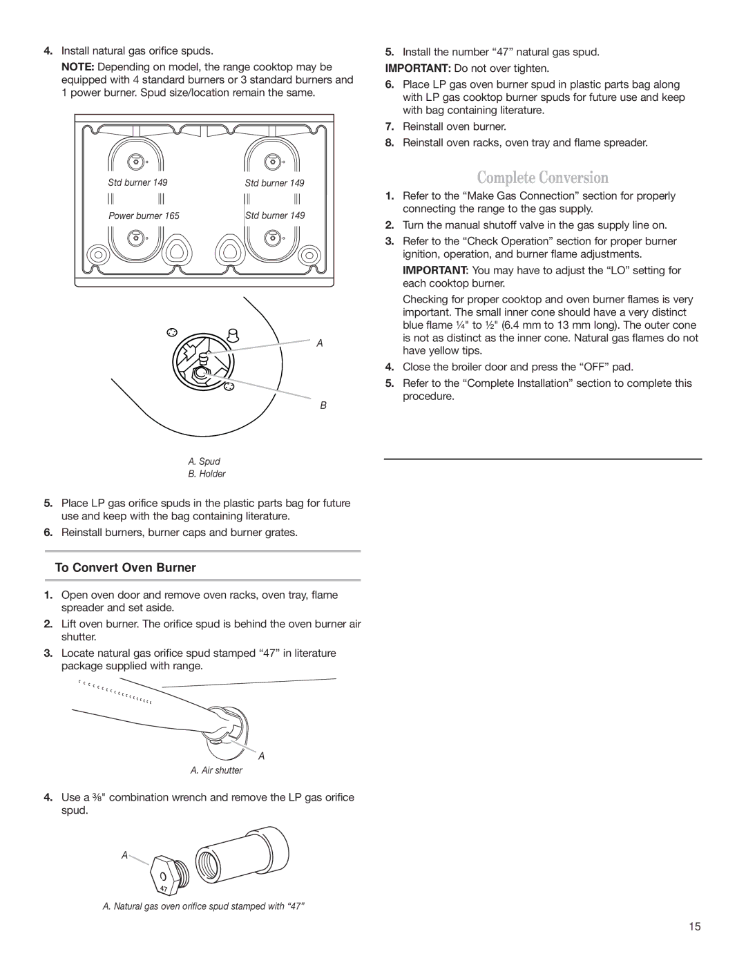 Whirlpool W10032070 installation instructions Install natural gas orifice spuds 