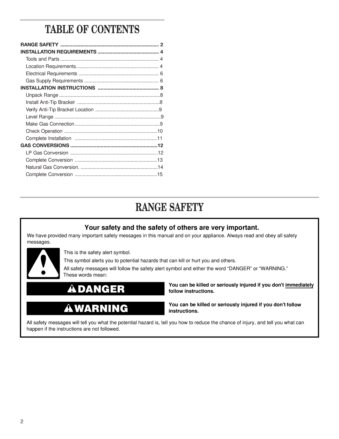 Whirlpool W10032070 installation instructions Range Safety, Table of Contents 