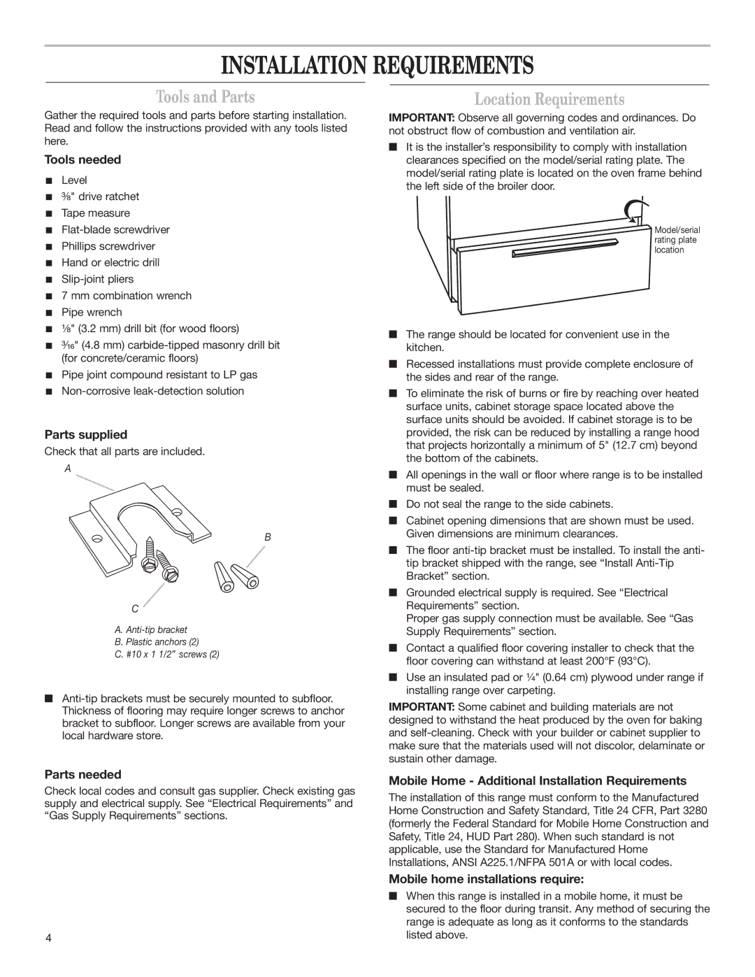 Whirlpool W10032070 installation instructions Installation Requirements, Tools and Parts, Location Requirements 