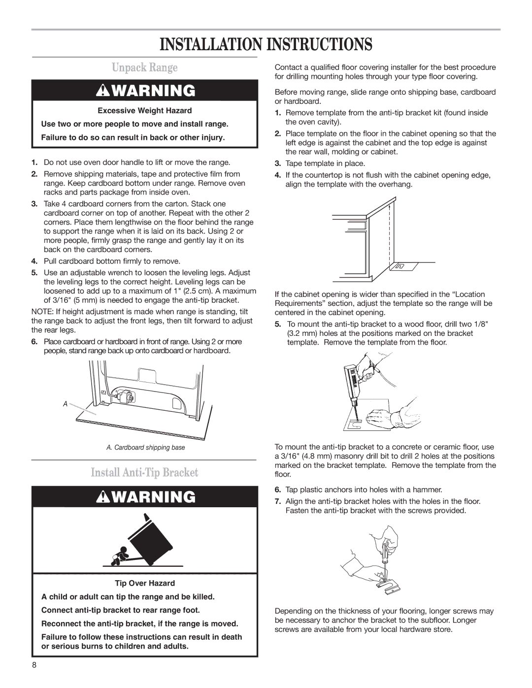 Whirlpool W10032070 installation instructions Installation Instructions, Unpack Range, Install Anti-Tip Bracket 