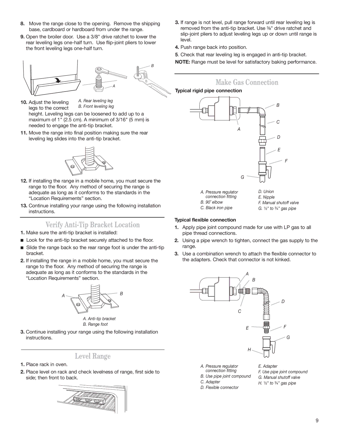 Whirlpool W10032070 Verify Anti-Tip Bracket Location, Level Range, Make Gas Connection, Typical rigid pipe connection 