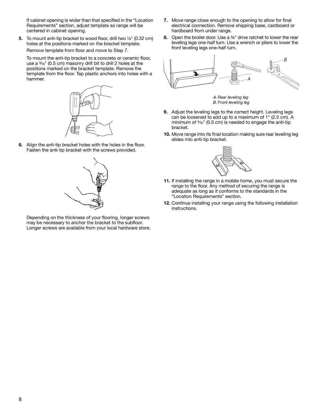 Whirlpool W100329708 installation instructions Rear leveling leg Front leveling leg 