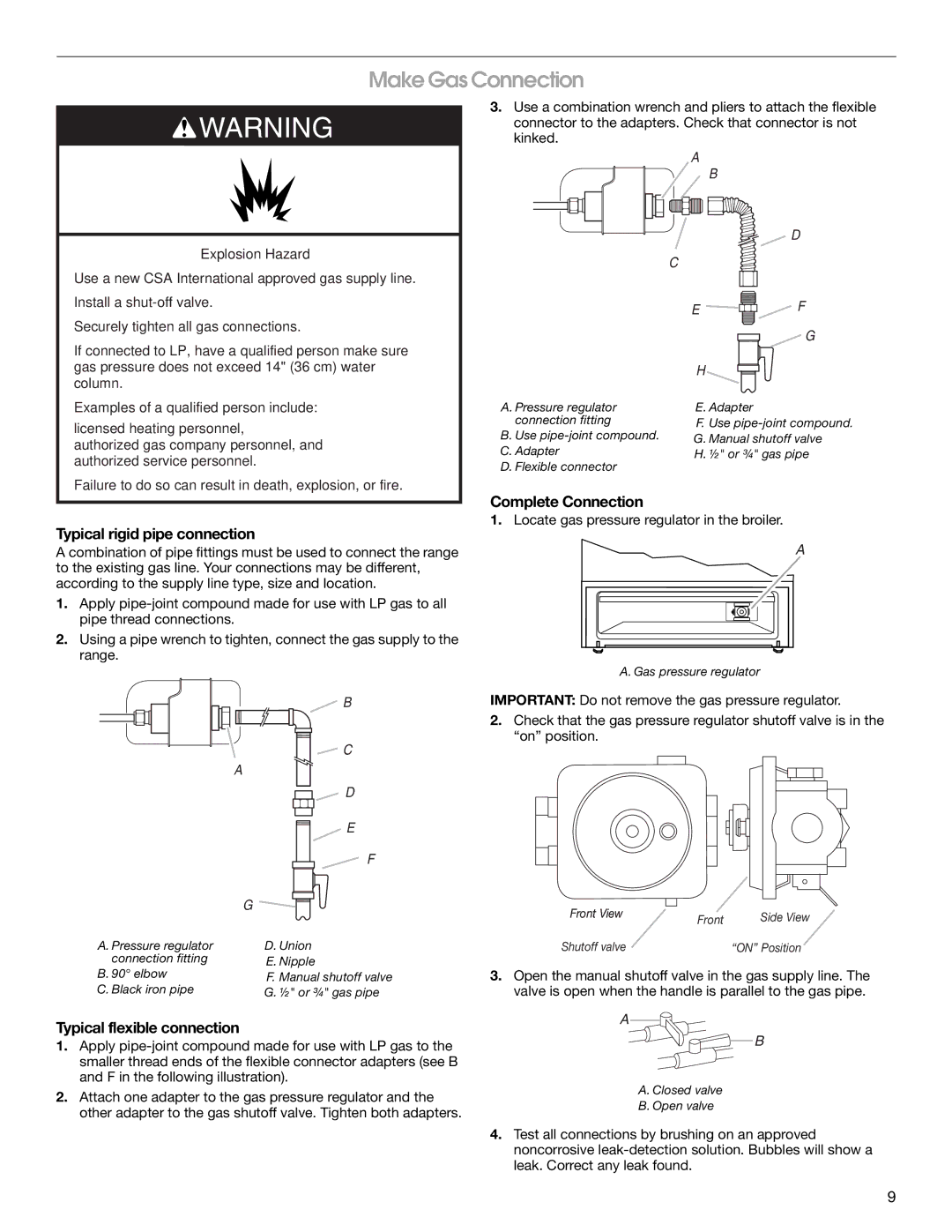 Whirlpool W100329708 Make Gas Connection, Typical rigid pipe connection, Typical flexible connection, Complete Connection 