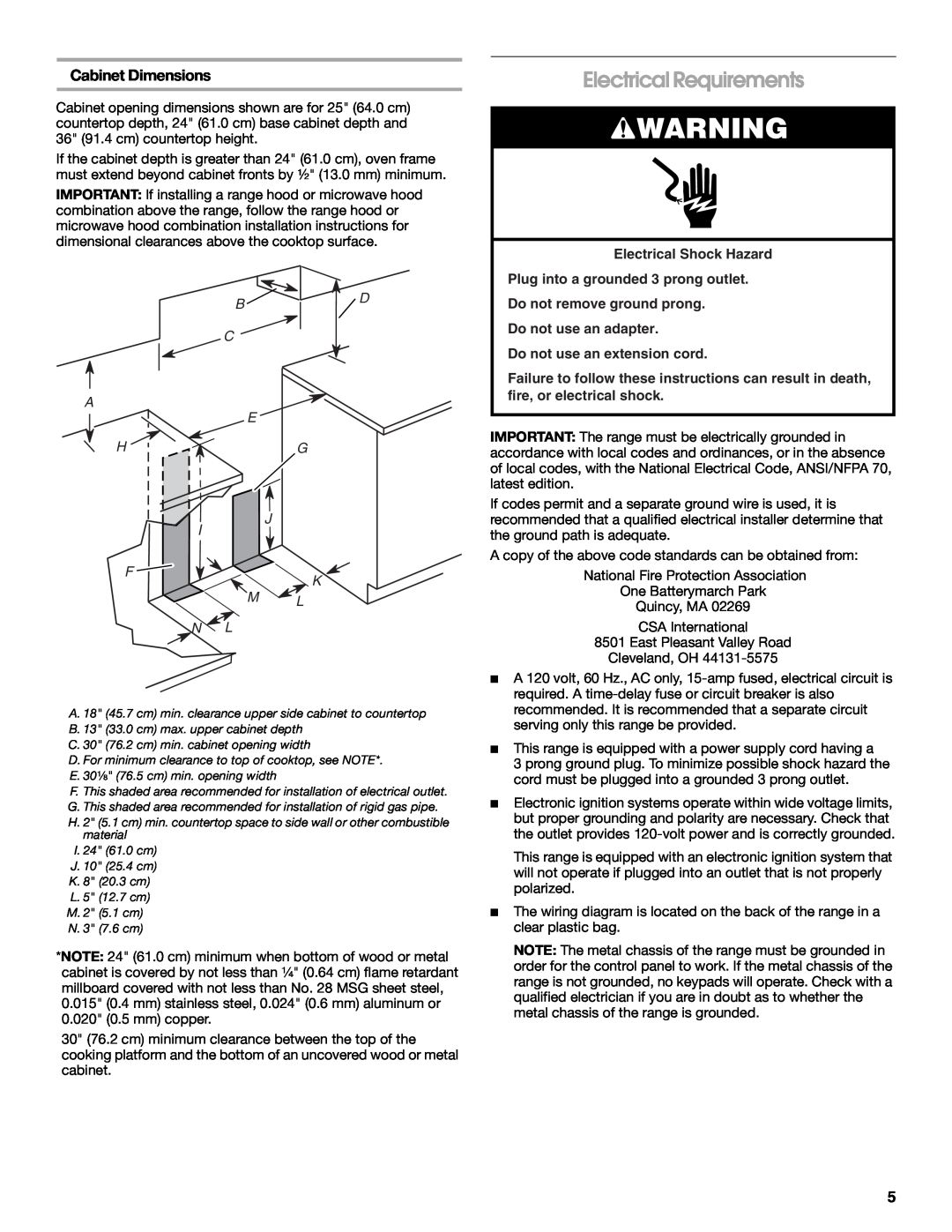 Whirlpool W100329708 installation instructions Electrical Requirements, Cabinet Dimensions, B D C A E Hg J, F K M L N L 