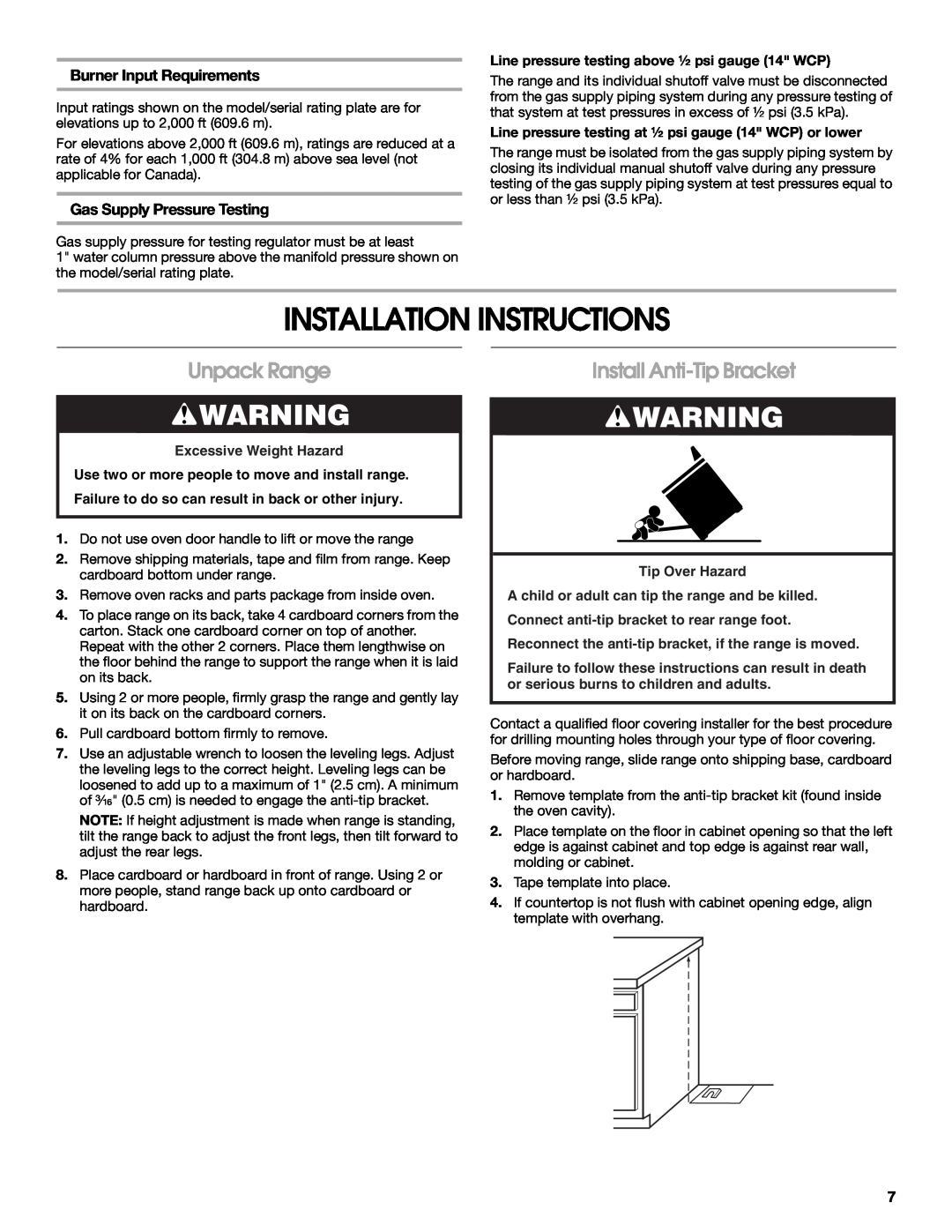 Whirlpool W100329708 Installation Instructions, Unpack Range, Install Anti-Tip Bracket, Burner Input Requirements 