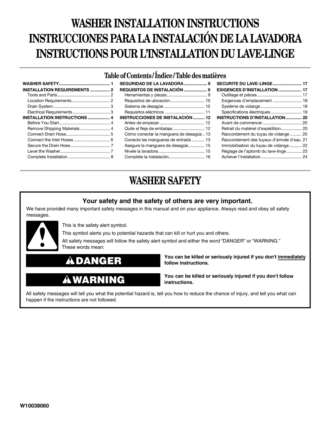 Whirlpool W10038060 installation instructions Washer Installation Instructions, Washer Safety 