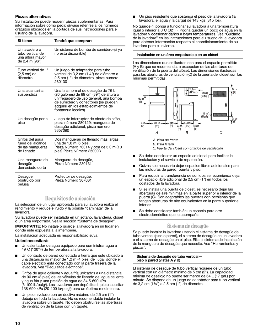 Whirlpool W10038060 Requisitos de ubicación, Sistema de desagüe, Piezas alternativas, Usted necesitará 