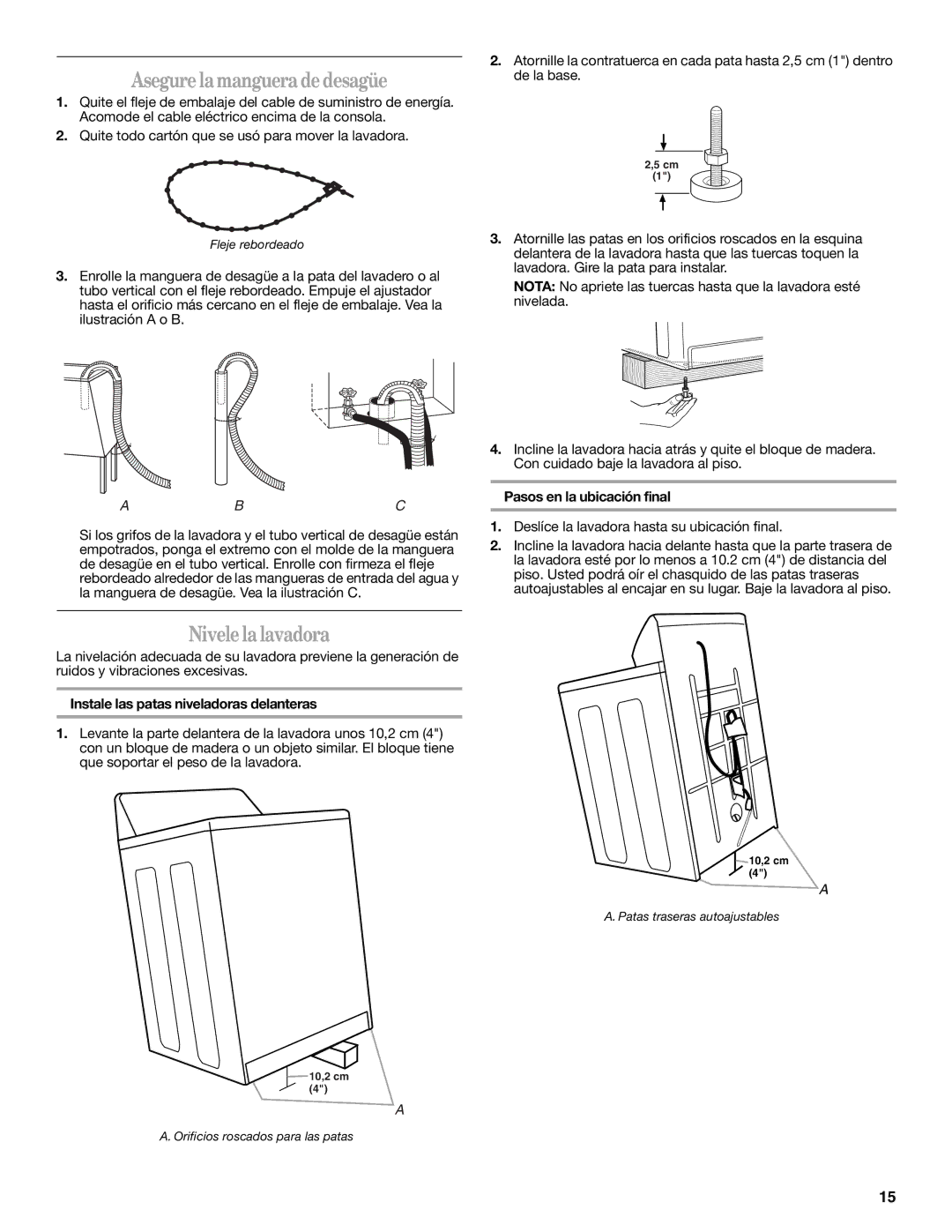 Whirlpool W10038060 Asegure la manguera de desagüe, Nivele la lavadora, Pasos en la ubicación final 
