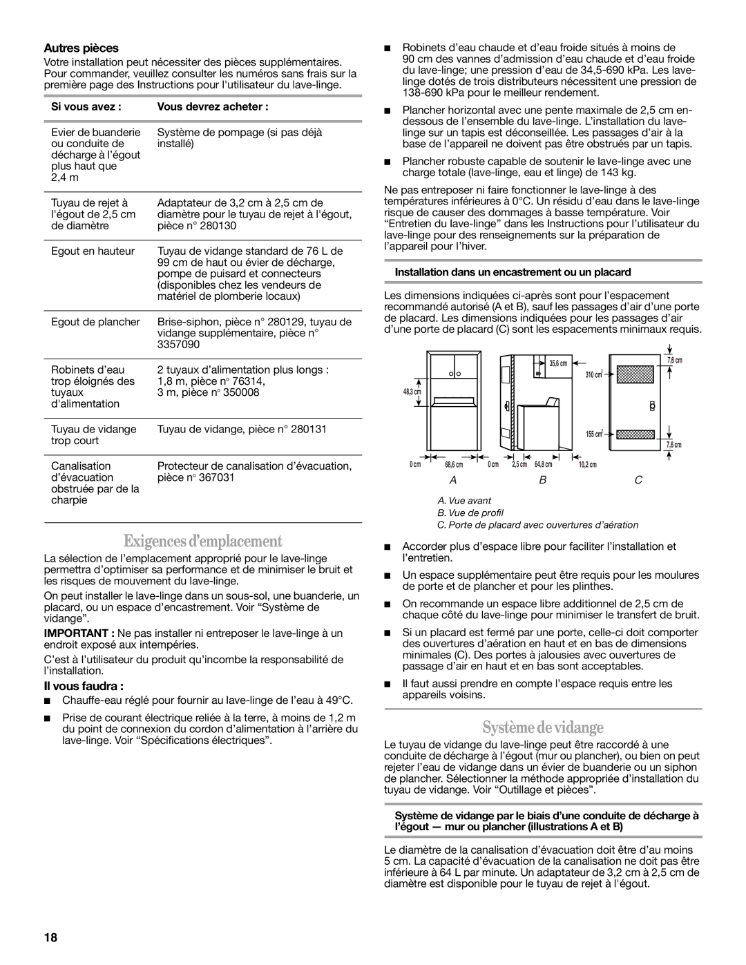 Whirlpool W10038060 installation instructions Exigences d’emplacement, Système de vidange, Autres pièces, Il vous faudra 